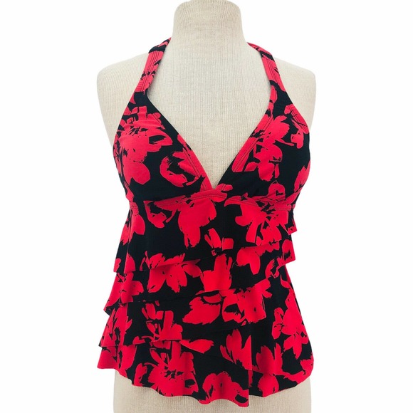 Aqua Green NEW Red Black Tiered Ruffle Front Halter Tankini Swim Top Size Small - Picture 4 of 9